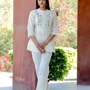 Women’s White Embroidered Peplum Kurti with Matching Pants – Elegant Daily & Office Wear Set