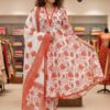 Women’s White & Orange Floral Printed Cotton Kurti Set with Dupatta