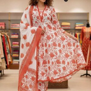 Women’s White & Orange Floral Printed Cotton Kurti Set with Dupatta