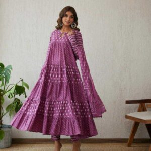Women’s Printed Anarkali Kurta Set + Dupatta | Cotton Suit