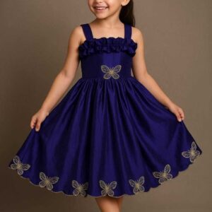 Navy Blue Butterfly Embroidered Party Frock for Girls – Premium Festive Wear Dress