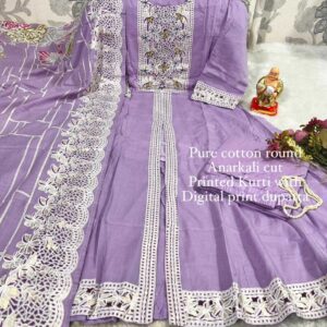 Women’s Pure Cotton Lavender Anarkali Kurti with Embroidered Front & Digital Print Dupatta