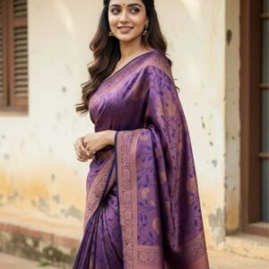 Royal Purple Banarasi Silk Saree with Intricate Zari Weaving & Blouse Piece
