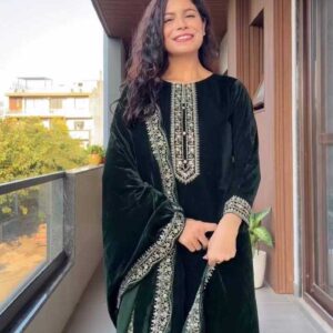 Premium Velvet Embroidered Suit Set with Dupatta – Festive & Party Wear