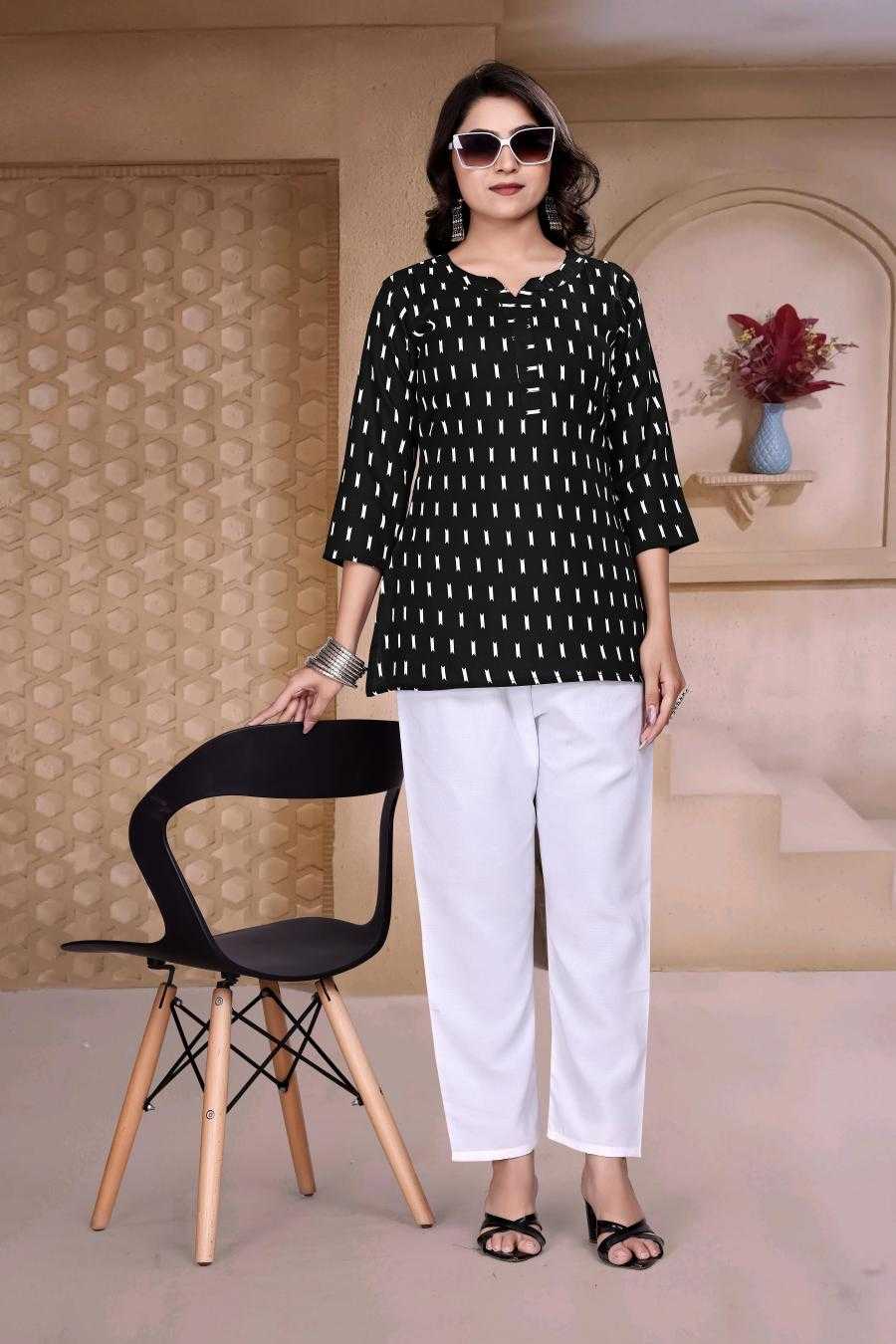 Black Printed Women’s Straight Kurti Top with 3/4th Sleeves - Image 2