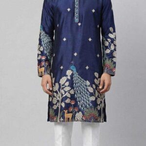 Men’s Premium Embroidered Silk Blend Kurta with Peacock Motif – Festive & Wedding Wear
