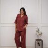 Women’s Solid Wine Co-Ord Set with V-Neck Kurta & Straight Pants
