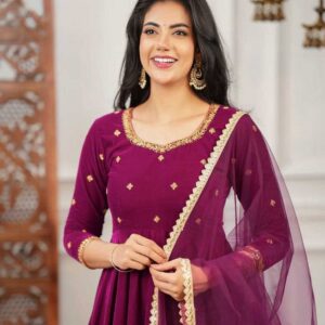 Wine Embroidered Anarkali Gown with Net Dupatta for Women