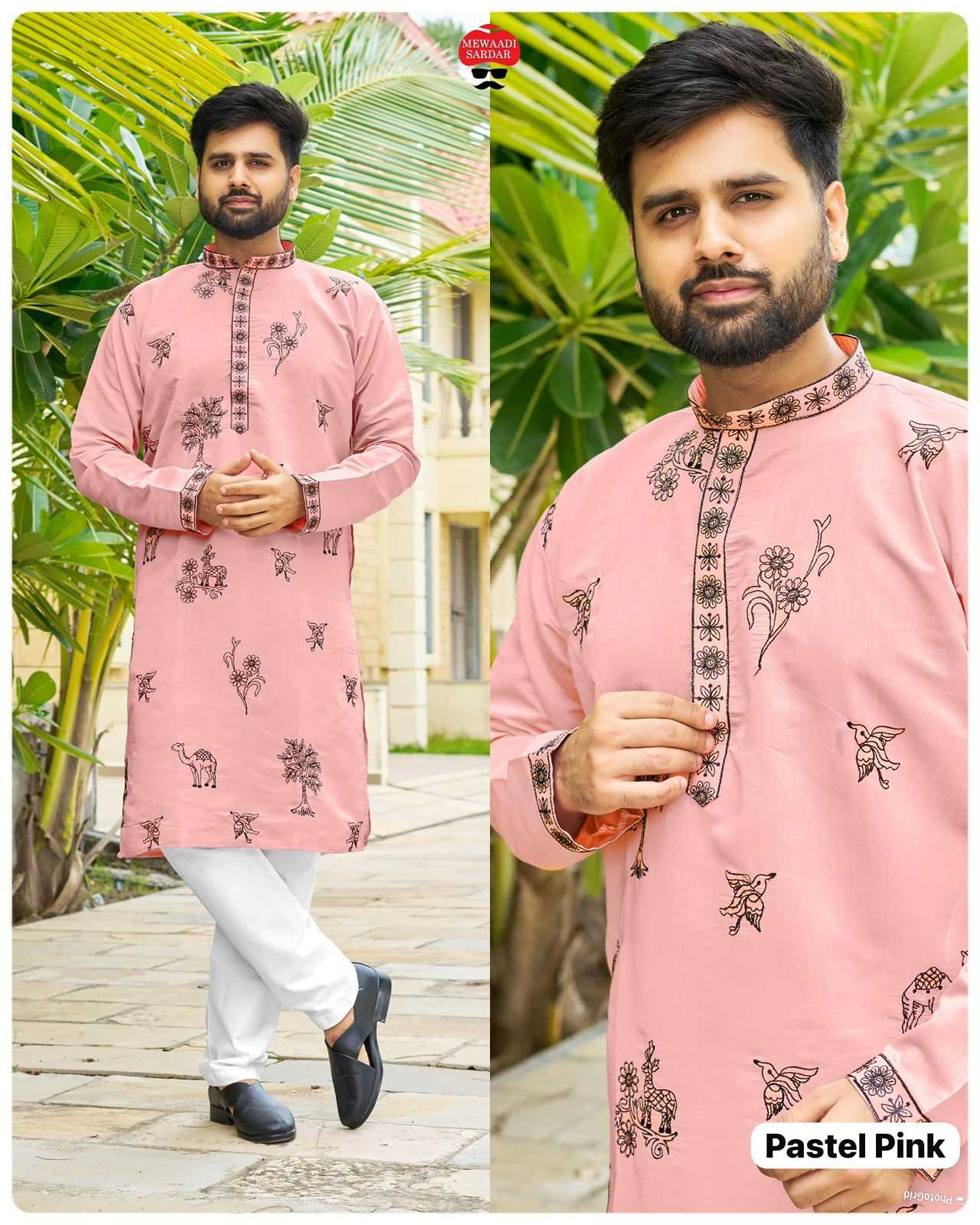 Men’s Premium Embroidered Cotton Kurta – Grey, Pastel Pink & Cream (Festive Wear) - Image 4