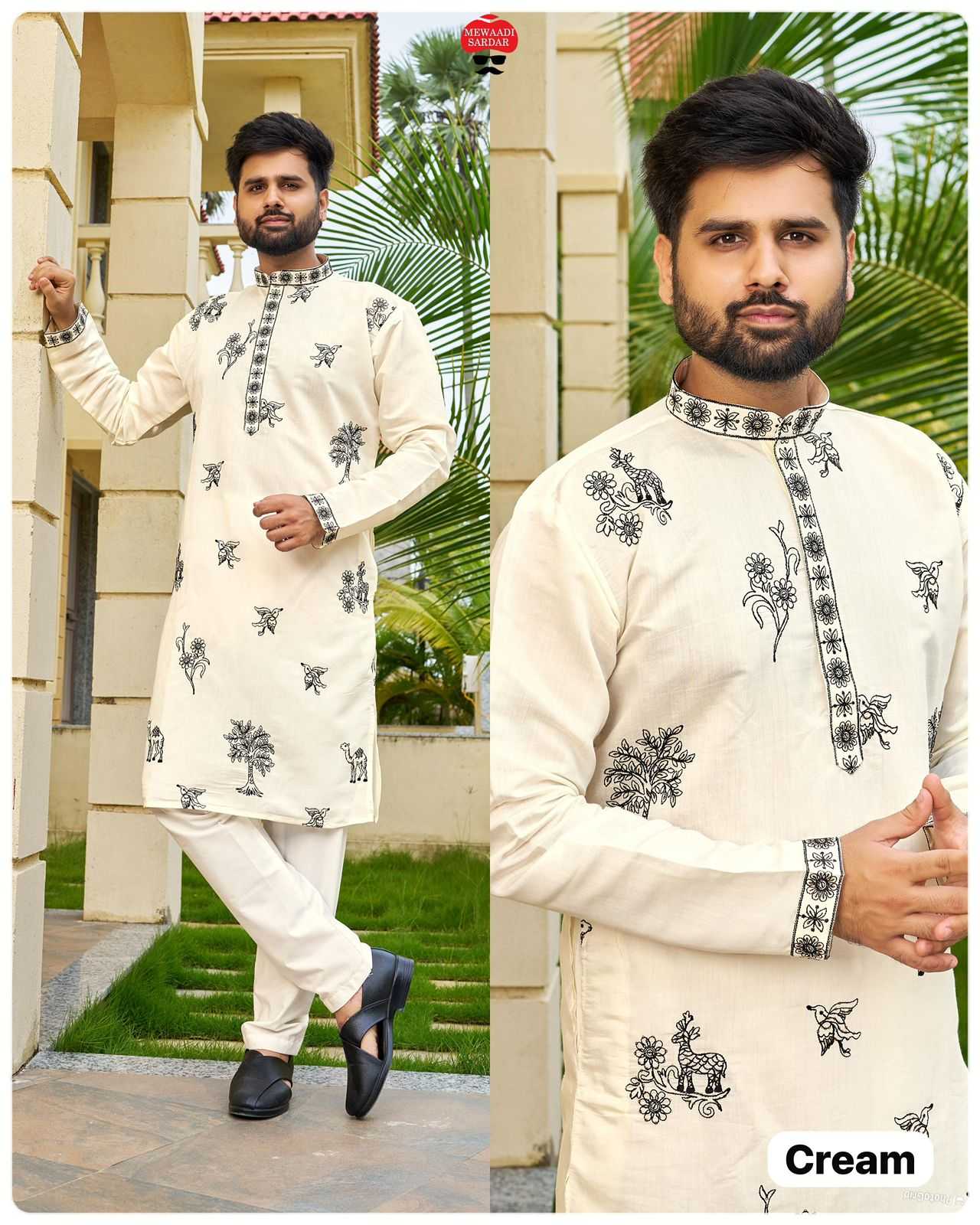 Men’s Premium Embroidered Cotton Kurta – Grey, Pastel Pink & Cream (Festive Wear) - Image 2