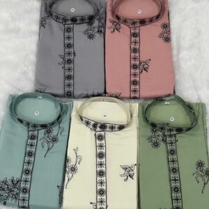 Men’s Premium Embroidered Cotton Kurta – Grey, Pastel Pink & Cream (Festive Wear)