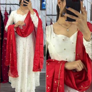 White Embellished Anarkali Gown Set with Contrast Dupatta