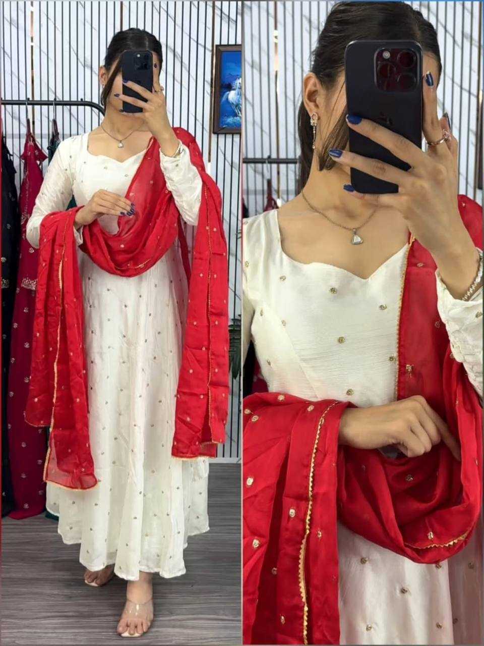 White Embellished Anarkali Gown Set with Contrast Dupatta
