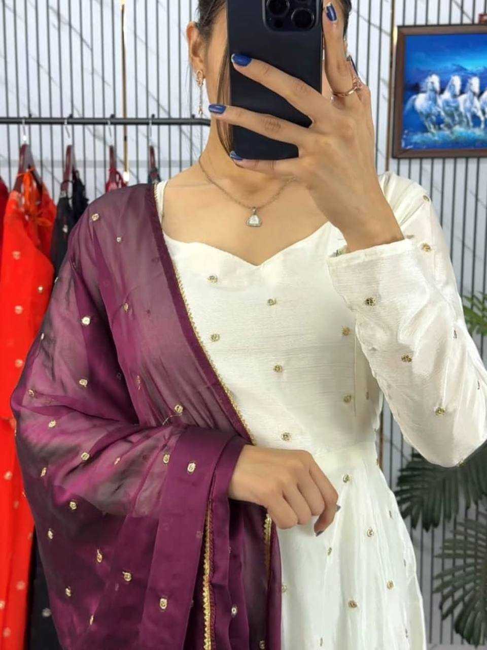 White Embellished Anarkali Gown Set with Contrast Dupatta - Image 4