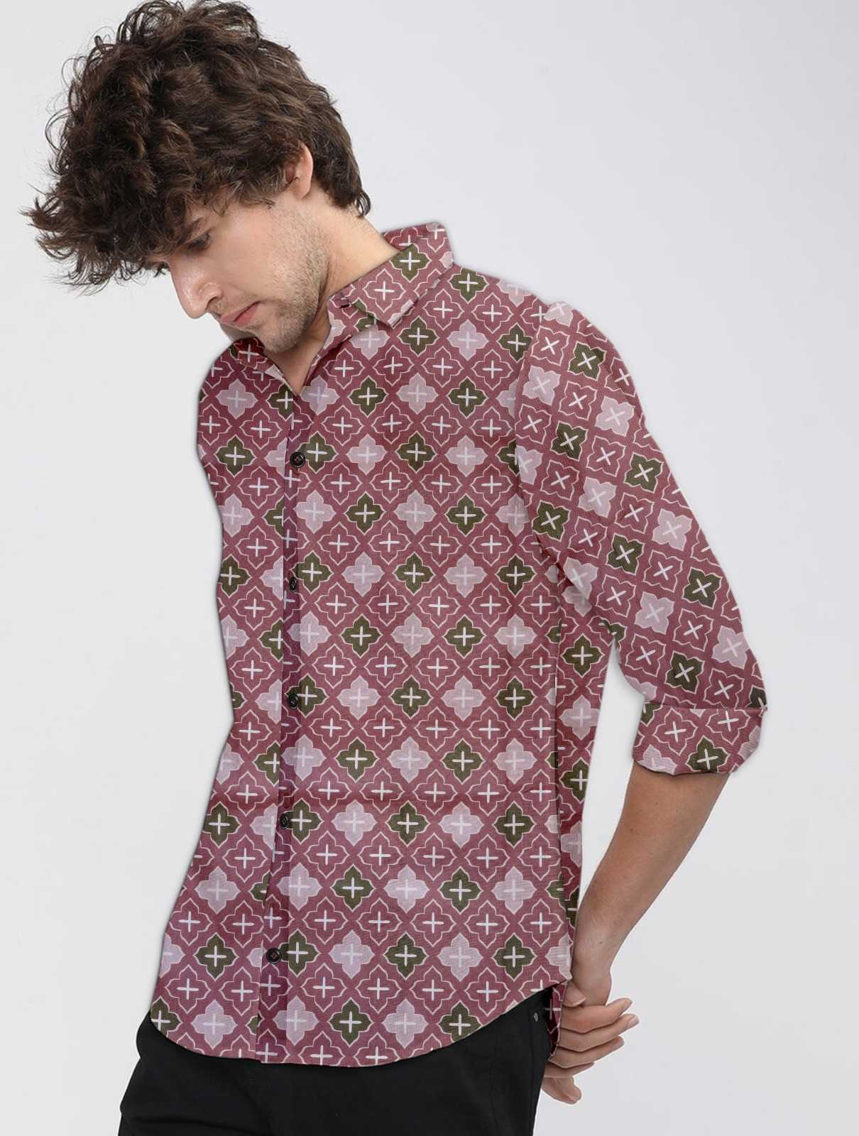 Men’s Maroon Geometric Print Casual Shirt – Slim Fit Cotton Shirt - Image 2