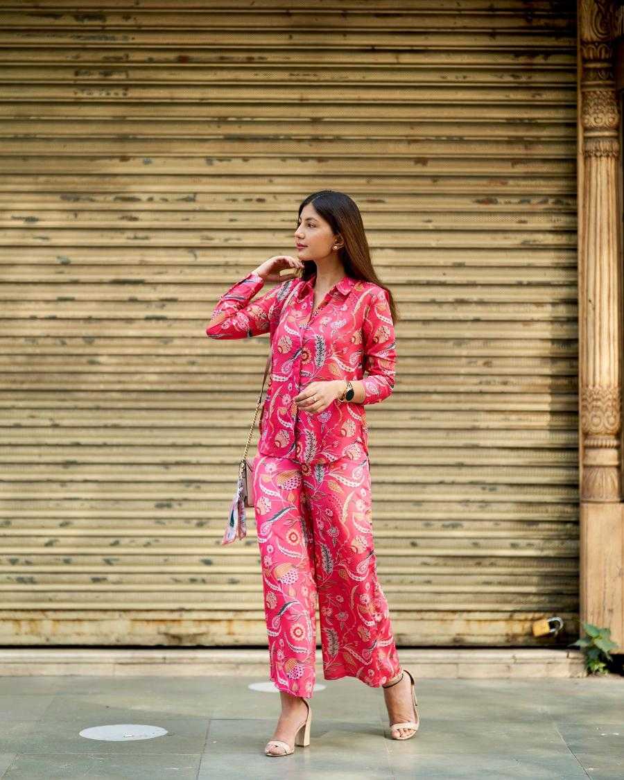 Pink Floral Printed Co-Ord Set for Women | Shirt & Wide-Leg Pants