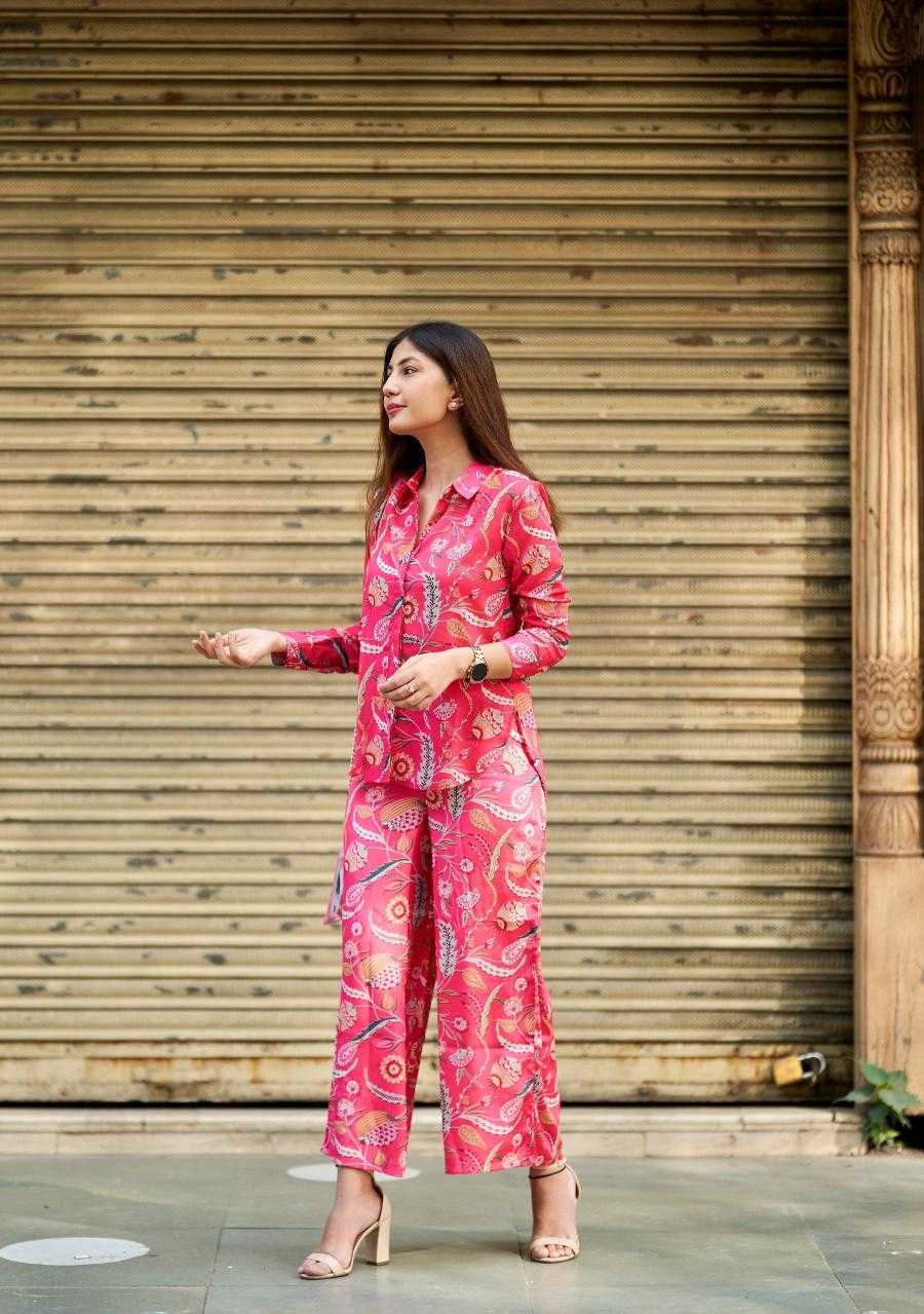 Pink Floral Printed Co-Ord Set for Women | Shirt & Wide-Leg Pants - Image 3