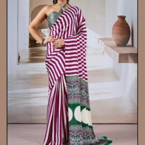 Pure Ajrakh Printed Cotton Saree with Striped Pallu & Traditional Border