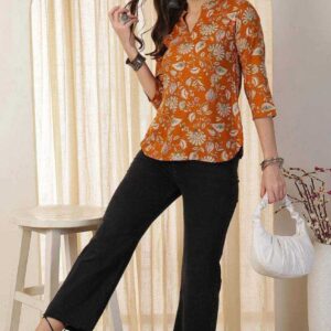 Rust Orange Floral Printed Women’s Cotton Kurti Top with V-Neck