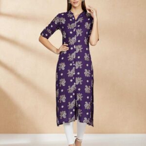 Purple Paisley Print Straight Kurti with Mandarin Collar – Elegant Ethnic Wear for Women