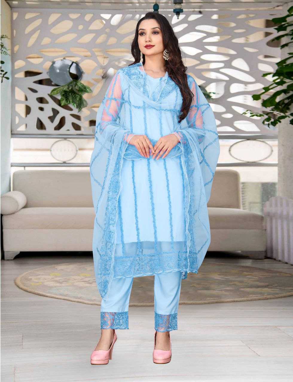 Women Designer Kurti Pant Dupatta Set | Net Embroidered Party Wear Ethnic Suit
