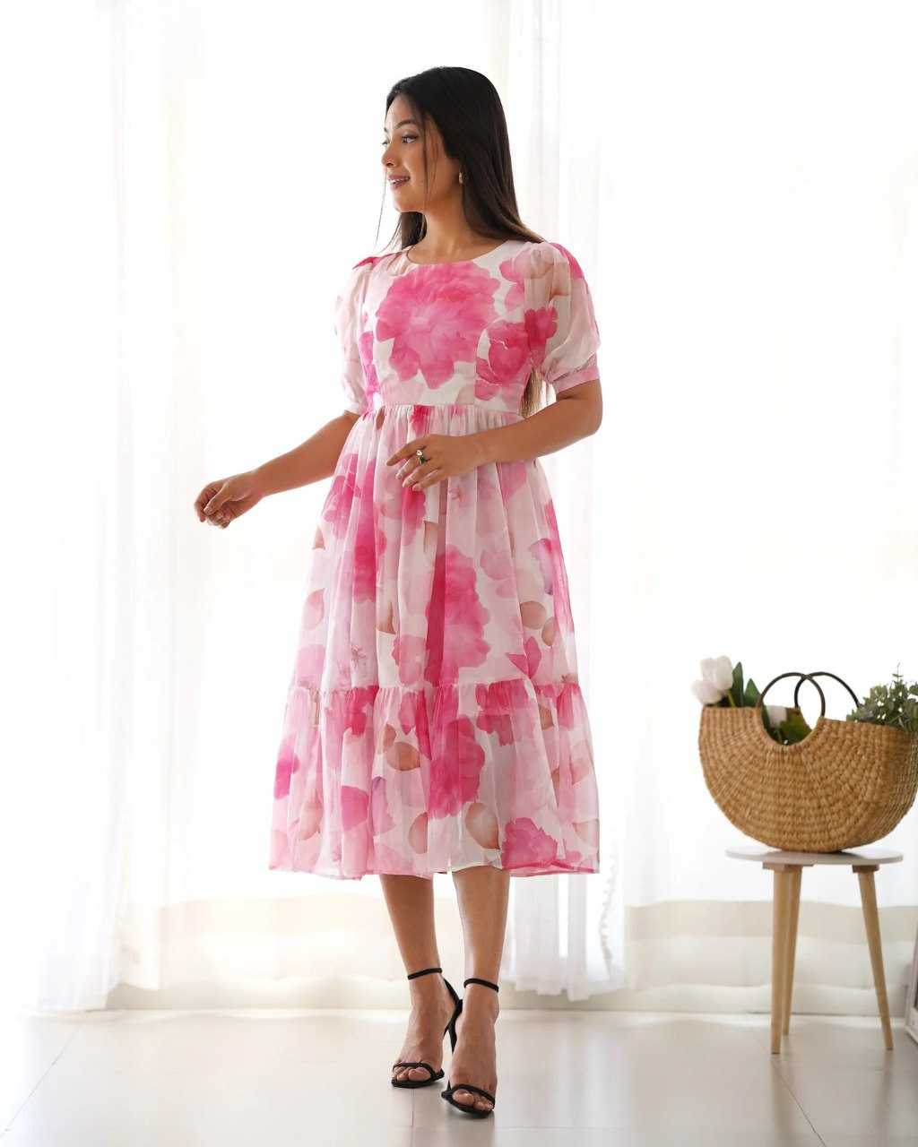 Women’s Pink Floral Printed Chiffon Midi Dress with Puff Sleeves