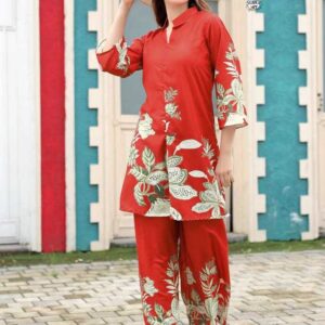 Rust Orange Floral Printed Cotton Kurti Set with Palazzo Pants for Women