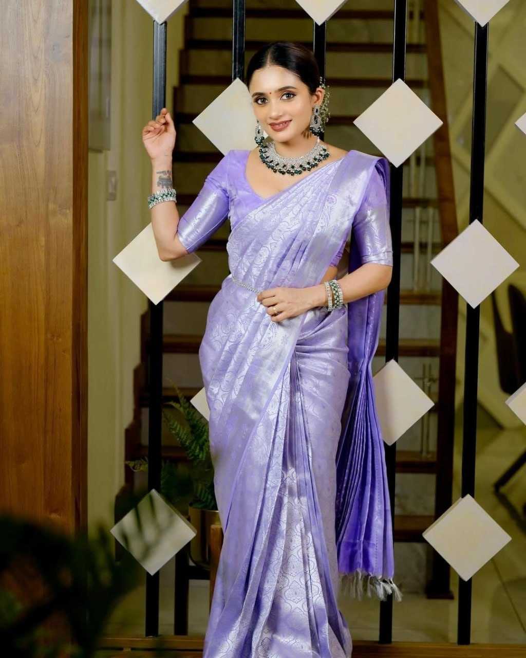 Lavender Silver Woven Silk Saree with Matching Blouse – Elegant Festive Wear