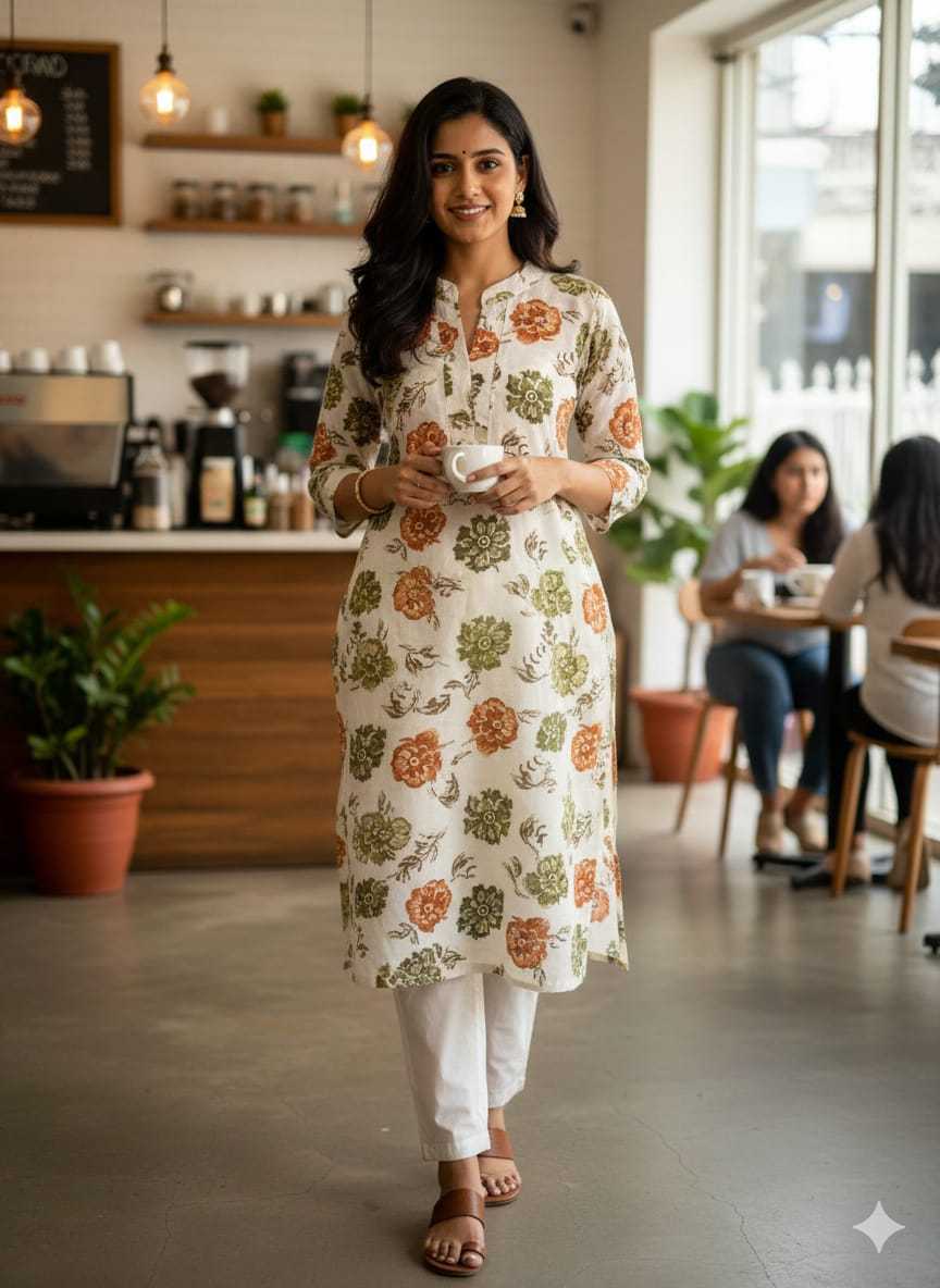Women Floral Printed Straight Cotton Kurti for Casual & Office Wear