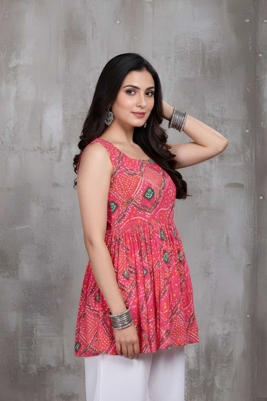 Pink Ethnic Printed Sleeveless Flared Top for Women - Image 3