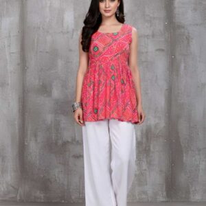Pink Ethnic Printed Sleeveless Flared Top for Women