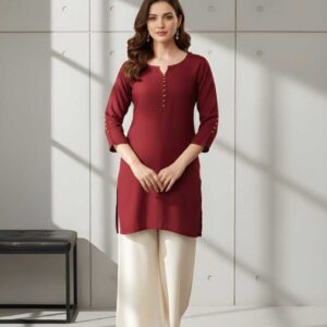 Elegant Maroon Straight Kurti with Button Detail – Office & Festive Wear
