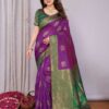 Royal Purple Silk Saree with Green Zari Border – Traditional Festive Wear